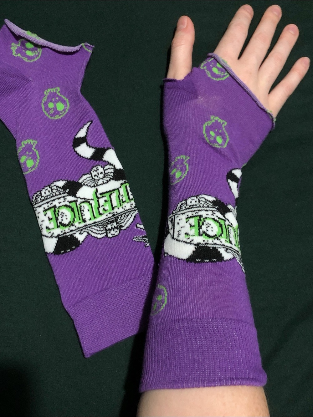 Purple fingerless beetlejuice gloves with green and white designs 2pcs set
